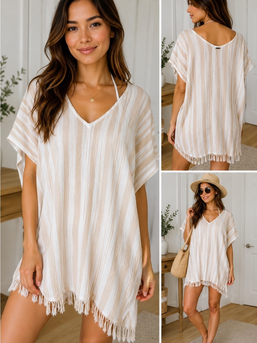 Billabong Ivory Gauze Swimwear Cover Up   S/M | Fringe Hem Boho Beach Kaftan